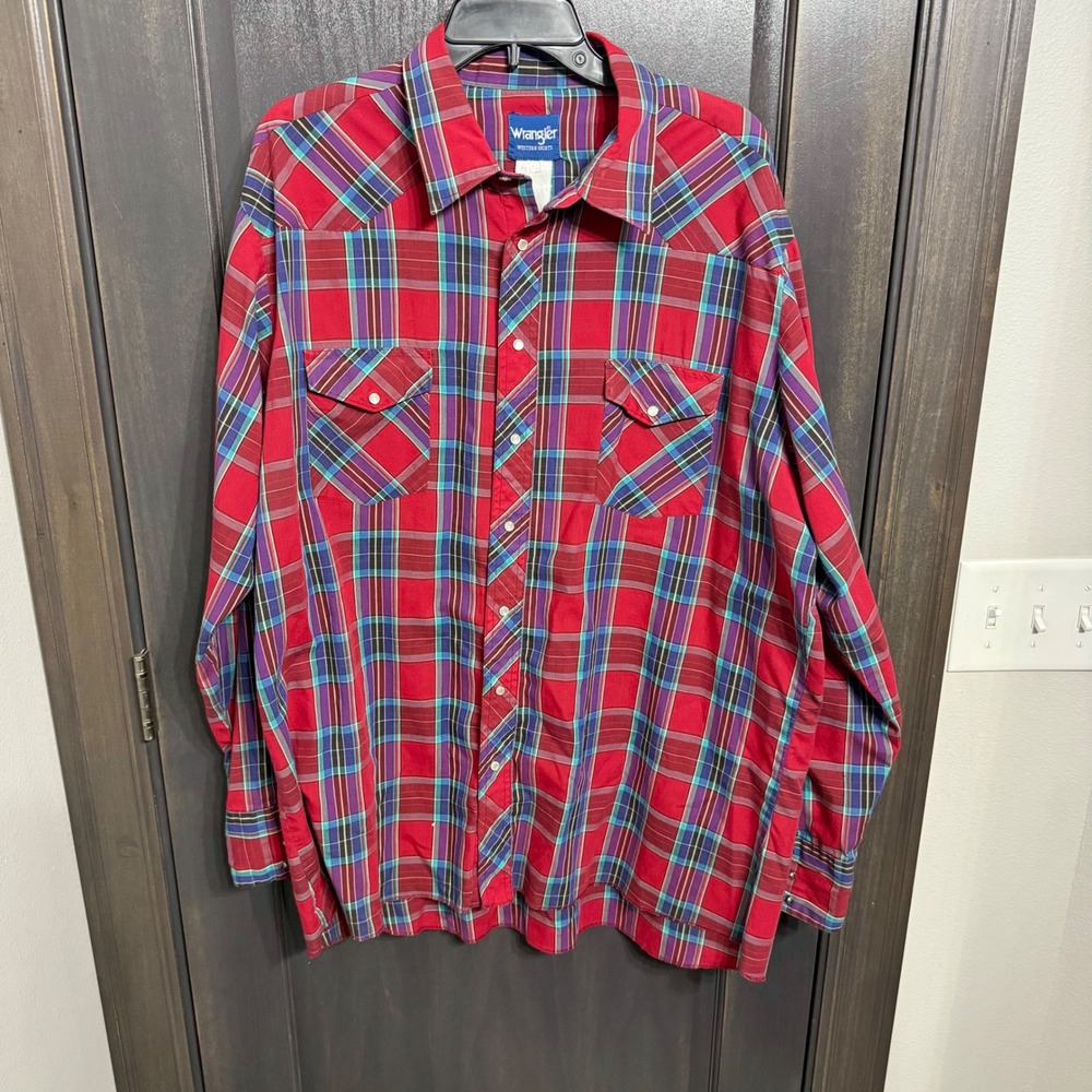 Wrangler Mens Western Shirt 2XL Red Red Plaid Pearl Snap Long Sleeve Cowboy